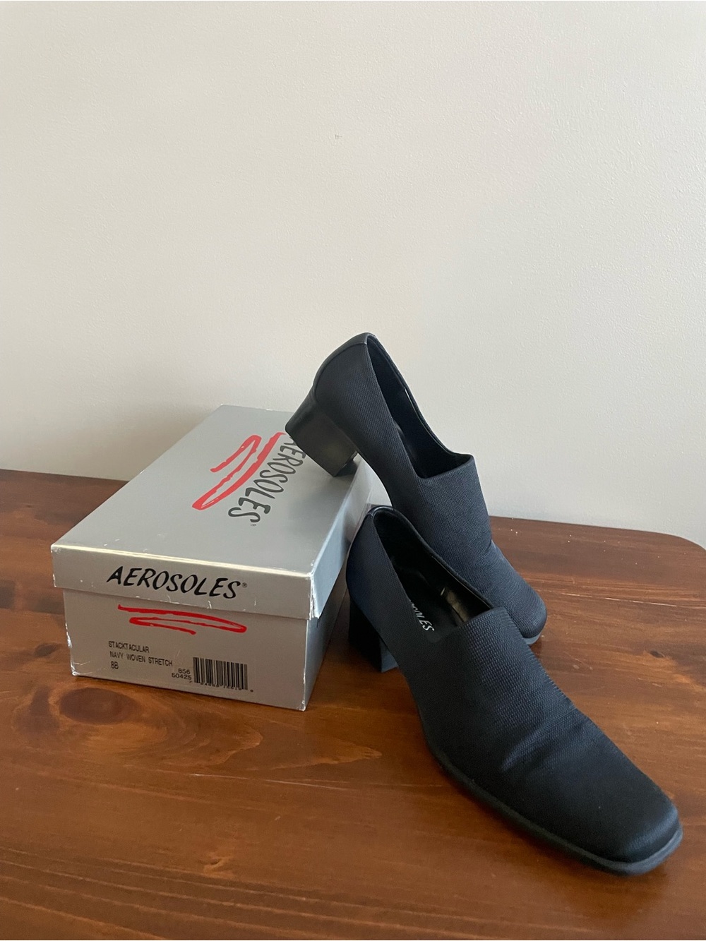 AEROSOLES Navy Woven Stretch Slip-On Block Heel Pumps